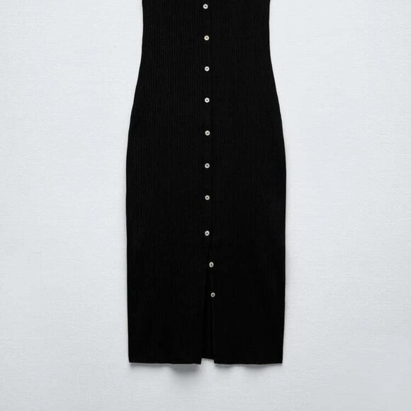 Zara Bodycon Ribbed Knit Button Down Sleeveless Black Midi Dress - Picture 5 of 11